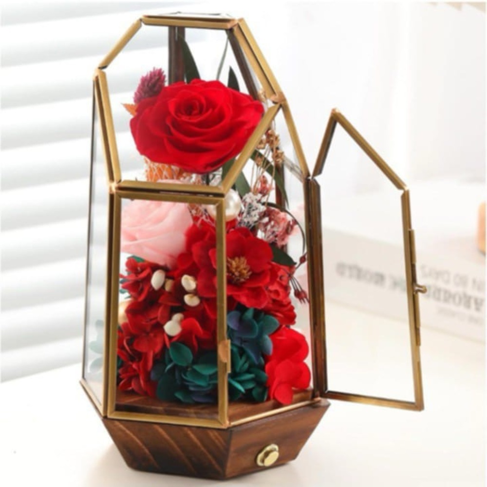 Flower rose gift for her. Red and pink roses in glass dome.
